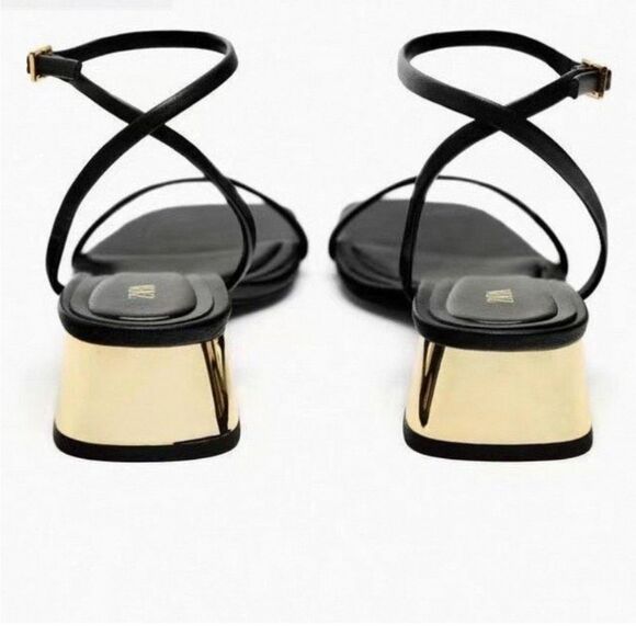New Zara Strappy Sandals Size 9 In Black And Gold - Picture 9 of 10